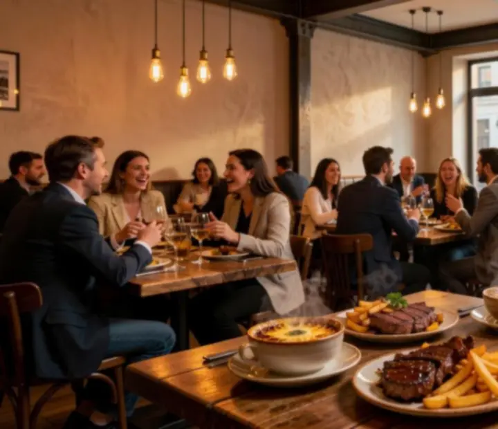 Hangulatos urban brasserie belső tér nyitott konyhával és a háttérben poker asztallal