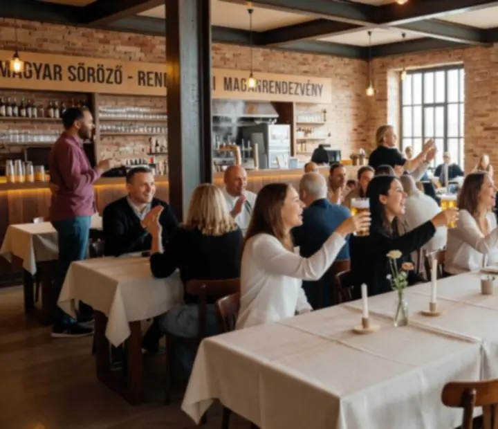 Ipari stílusú brasserie rendezvénytér terített asztalokkal és hangulatos fényekkel
