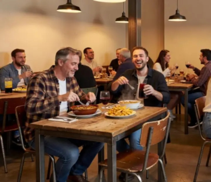 Lüktető urban brasserie étterem, tele beszélgető vendégekkel