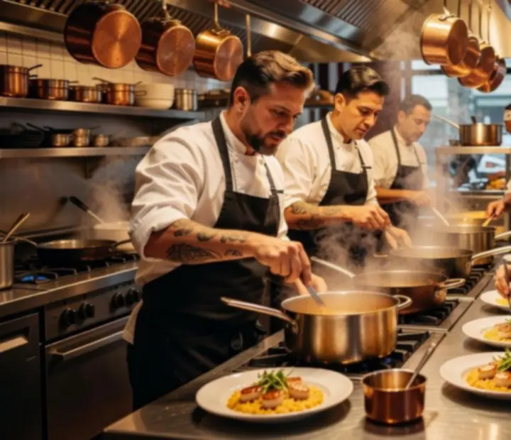 Nyitott konyhai csapat munka közben a Listaindex24 Urban Brasserie-ben