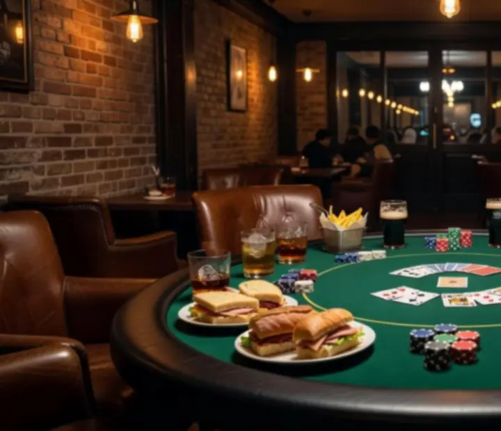 Poker asztal mellé készített snack tálak és italok egy félhomályos lounge térben
