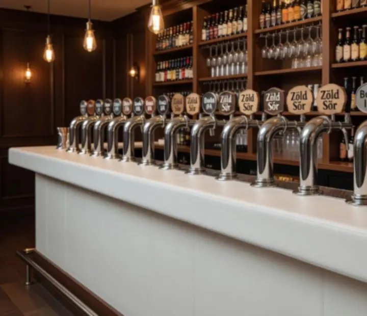 Csapolt craft sörök sorakoznak egy urban brasserie pultján